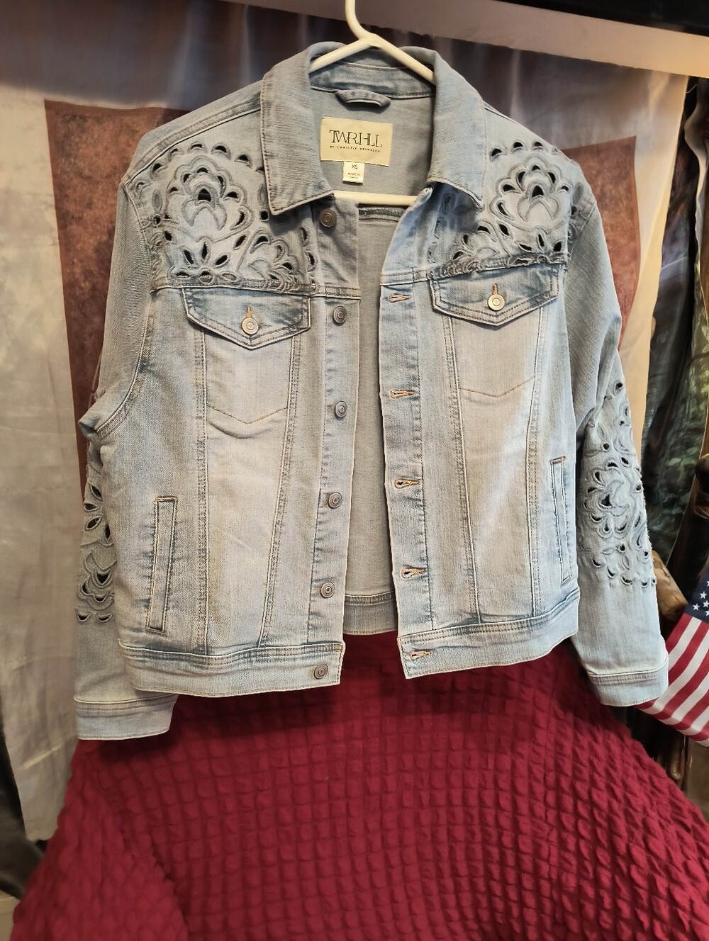 Christie Brinkley TWRHLL Light Blue Embroidered Denim Jacket XS